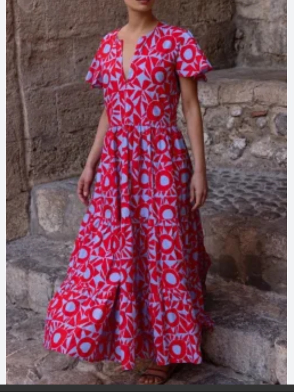 Oliphant V-Neck Geometric Maxi Dress in Eclipse Red